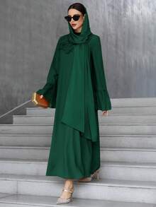 Al Najma Women's Floral Embellished Flare Sleeve Elegant Arabic Style Dress, Arabian Dresses - Dark Green - View 6