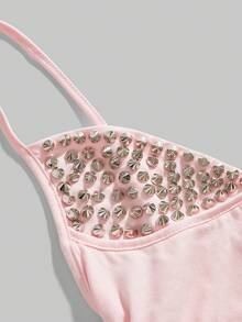 ROMWE Grunge Punk Sexy Halloween Dark Punk Rivet Patchwork Women Top - Pink - View 3