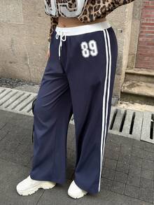 SHEIN EZwear 大码直筒休闲运动裤，纯色、条纹拼接、数字印花，秋冬款 - 藍色 - 查看 6