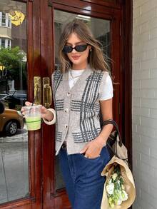 Siren Gaze Women's Casual V-Neck Plaid Single-Breasted Knitted Vest, French Casual Plaid Buttoned Vest Cardigan,Spring Outfit Women,Women Carnival Costume, Casual Women Outfits ,Everyday Shirt, Sweater Vest For Women, Cardigan Vest, Plaid Sweater Vest - Khaki - View 5