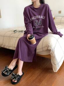 DAZY 英文数字印花宽松长袖睡裙，女士睡衣连衣裙 - 紫色 - 查看 8