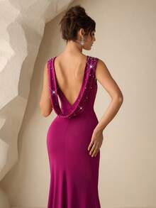 Coutiva 女士串珠露背正式晚礼服 紫色女士晚礼服 露背晚礼服 性感晚宴礼服 优雅晚礼服 优雅情人节礼服 亮片礼服 碎花礼服 紫色露背礼服 女士晚礼服 串珠垂褶礼服 洋红色鸡尾酒礼服 精致晚宴礼服 - 紫羅蘭色 - 查看 3