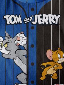 TOM & JERRY X SHEIN Áo thun ngắn tay họa tiết hoạt hình chữ cái, sọc phối màu tương phản, phong cách thường ngày cho bé trai, thích hợp mặc đi làm, mùa hè. - trắng - Xem 4
