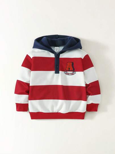 Maija Kids 条纹印花撞色连帽半拉链宽松休闲卫衣，男童款