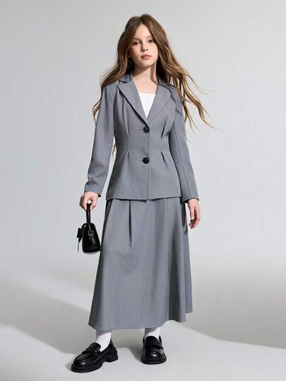 Ontre 少女灰色翻领束腰外套和裙子休闲两件套