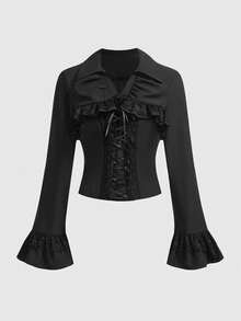 ROMWE Áo sơ mi dài tay cổ bẻ phối ren kiểu cung điện Gothic - màu đen - Xem 1