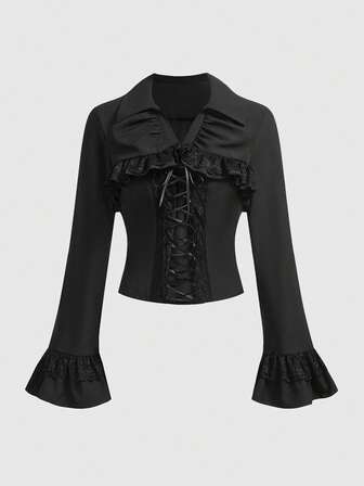 Goth Camisa de manga larga con cuello vuelto, estilo de palacio gótico con parches de encaje