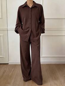 Livesso Brown Textured Pleated Striped Long Sleeve Shirt And Straight Leg Casual Pants 2 Pieces Suit Set, Loose Fit Business Casual Vacation Office Wear, Suitable For Autumn, Spring, Summer - Brown - View 13