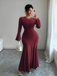 Elenzga Đầm trơn thanh lịch dành cho phụ nữ cỡ lớn - Màu Đỏ Sâu - Xem 5