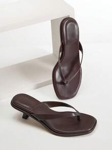 Hauture Fabulous Ladie's Chocolate Faux Pu Thong Sandal Small Heel, Square Toe Spring Summer Chic Holiday Shoes - Chocolate Brown - View 6