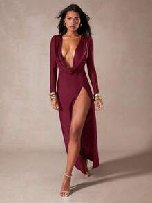 Hauture Front Deep Cowl Neck High Slit Maxi Dress - Burgundy - View 5