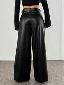 SHEIN PETITE 女士真皮长裤，简约前开襟纽扣设计，日常休闲百搭，女士下装 - 黑色 - 查看 2