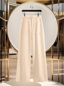 GlowEve 优雅女士阔腿裤，带口袋装饰和腰部收紧设计 - 杏色 - 查看 3