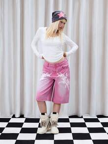 Damskie różowe dżinsowe szorty w stylu vintage, streetwear z lat 2000, odpowiednie na jesień i zimę, gotyckie szorty, graficzne szorty, szorty koncertowe, szorty emo, różowe szorty jeansowe, różowe szorty casualowe, szerokie szorty damskie, długie szorty, dżinsowe szorty damskie Y2k, kowbojskie szorty dla kobiet, wiosenne szorty dla kobiet, urodzinowe szorty dla kobiet, karnawałowe - Różowy - Zobacz 6