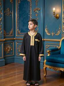 SHEIN Tween Boy Elegant Gold-Trimmed Long Robe Shirt, Spring/Summer