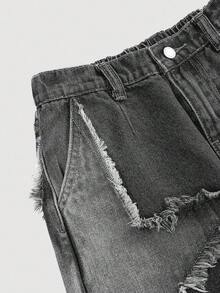 Girlism Girls' Frayed Patchwork Star Denim Wide-Leg Pants - Black - View 5