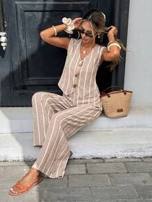 Serisse 女士度假休闲条纹背心和裤子两件套 - 杏色 - 查看 1