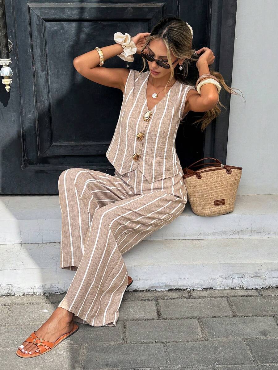 Serisse 女士度假休闲条纹背心和裤子两件套 - 杏色 - 查看 1