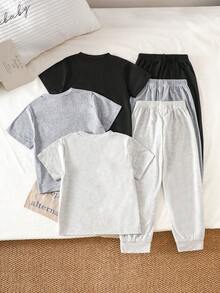 Streecool Kids 3件套男童夏季恐龙图案黑色、灰色、浅灰色简约短袖T恤和配套长裤套装，适合外出、休闲、运动和各种活动。 - 彩色 - 查看 2