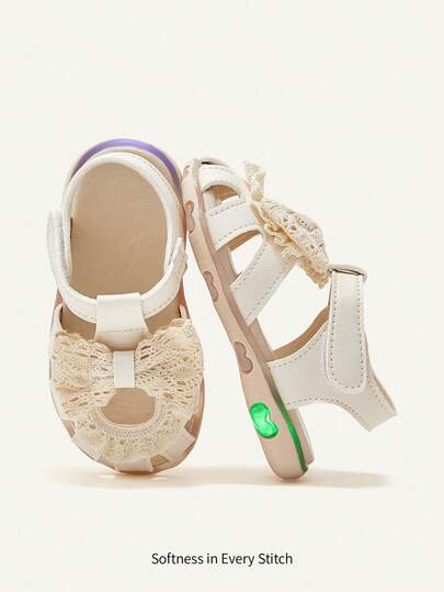 Cozy Pixies 1 Pair Cute Baby Girl Sandals, Hollow Design, Breathable, Bowknot Floral Decor, Hook And Loop Strap, Soft & Comfortable, Versatile Princess Sandals