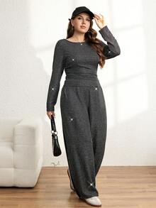 SHEIN LUNE 2 piezas Conjunto de top de manga larga y pantalones de tela cómoda y texturizada para mujer de talla grande - Negro - Ver 6