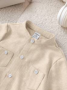 Bubblio Bộ 2 áo sơ mi dài tay cổ tròn phong cách đô thị giản dị cho bé trai và quần short cạp chun, thích hợp cho tiệc sinh nhật, tiệc tối, biểu diễn, đám cưới, tiệc chào đón em bé, tiệc mừng sinh nhật lần thứ 1 - Màu be - Xem 10
