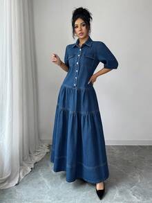 Elenzga Women's Short Puff Sleeve Single-Breasted Utility Pocket Ruffle Hem Casual Denim Dress - Medium Wash - View 6
