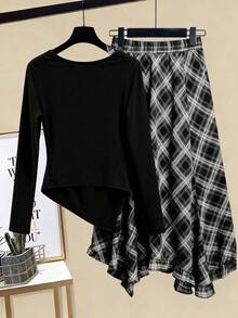 Franclia 大码女式长袖针织上衣和格子裙套装，学院风穿搭，适合年轻女士通勤或约会，显瘦两件套 - 黑色 - 查看 2
