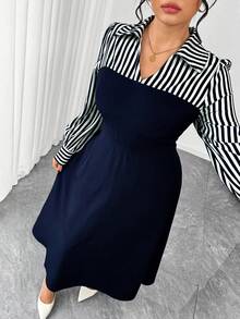 SHEIN Elenzya Váy dài tay cổ chữ V họa tiết sọc cổ điển cỡ lớn dáng chữ A thời trang thanh lịch thoải mái thường ngày 2 trong 1 dành cho nữ - Xanh và trắng - Xem 5