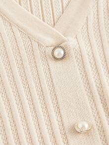 SHEIN MOD Gaun Rajut Wanita Elegan Warna Beige untuk Musim Gugur, Lengan Mengembang dengan Kerah dan Kancing Mutiara Imitasi, Gaun Rajut Bergaris Gaya Prancis untuk Pesta Teh, Acara Pulang Sekolah, dan Wisuda. - Krem - View 7