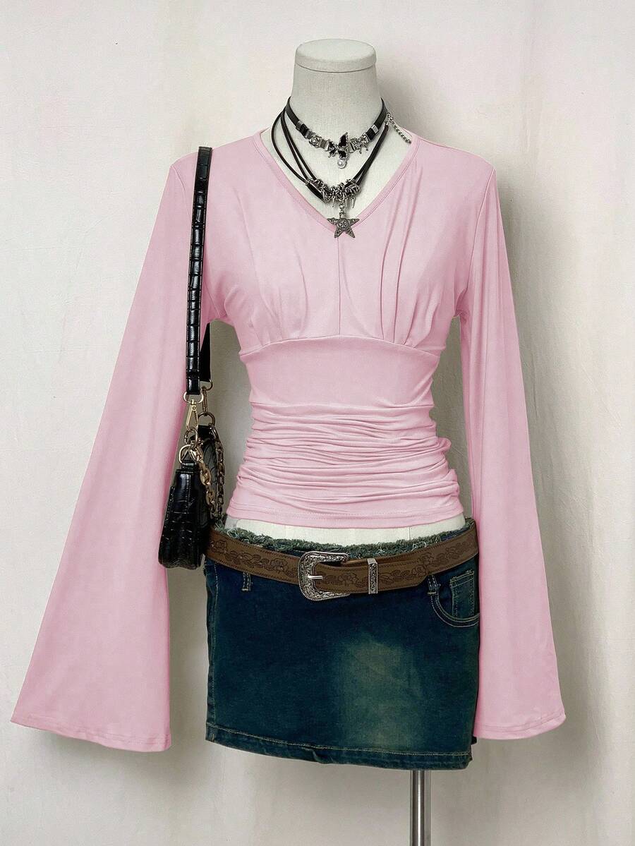 EgrlEra 女士休闲纯色褶裥腰部T恤 - 粉色 - 查看 1