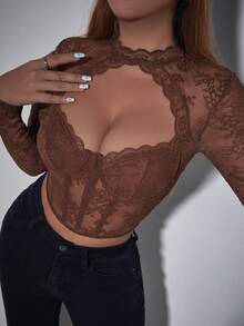 Glamine Women Floral Lace Cutout Long Sleeve Cropped Fitted Fashion Blouse Fall Cloth For Women - Brown - View 3