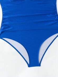 Swim Oasis 大码女式绿色提花面料休闲度假吊带低领连体泳衣配沙滩罩衫两件套泳装 - 藍色 - 查看 7