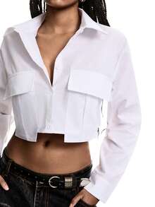 LYSMO Summer Outfits Flap Pocket White Button Front Crop Shirt - White - View 8