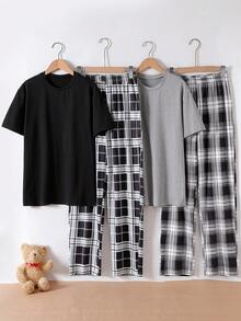 Genkimix Kids 4 件套青少年男孩睡衣套装，黑色和灰色格子短袖上衣和裤子组合，柔软舒适的休闲设计，有弹性且透气的针织面料，可机洗，（2 套单独出售）返校时尚 - 彩色 - 查看 6