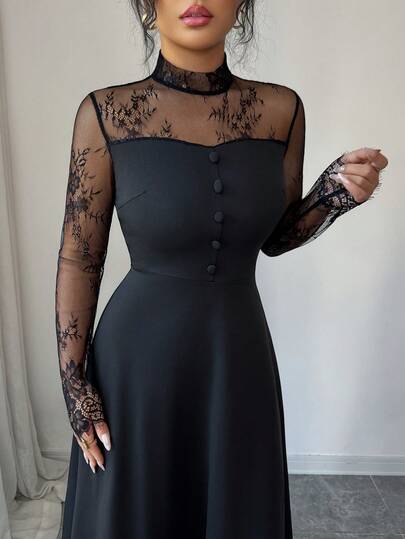 Modelyn Women's Elegant French Style Lace Patchwork Midi Dress, Suitable For Party And Formal Occasions