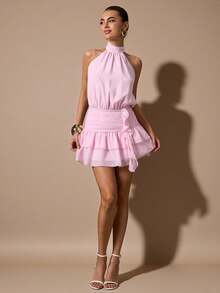 SHEIN BAE 无袖荷叶边下摆纯色迷你连衣裙，优雅甜美可爱修身款，适合浪漫约会、派对、正式聚会、伴娘礼服、夏季连衣裙、下午茶会连衣裙、新年、情人节、生日迷你连衣裙，粉色连衣裙 - 淺粉色 - 查看 4