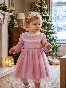 SHEIN Baby Girl Vintage Sweet Mesh Princess Dress,Elegant Dusty Pink,Autumn Birthday Party Outfit With Double Lace Collar,Lantern Sleeves & Mesh Skirt - Pink - View 12