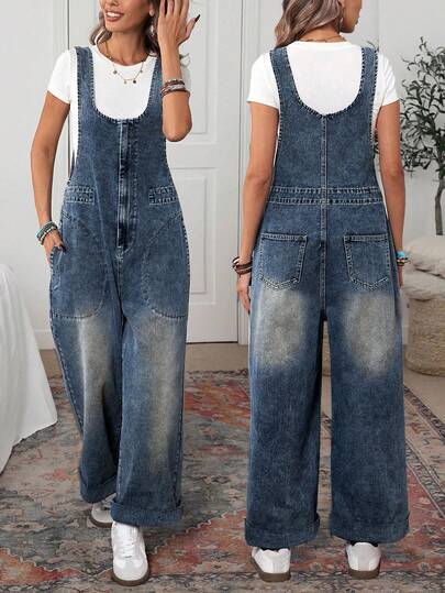 EMERY ROSE Plus Size Women Loose Casual Denim Jumpsuit With Pockets