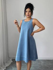 Selianne Damen lässiges, locker sitzendes ärmelloses Denim-Midi-Kleid - Mittele Waschung - Übersicht 4