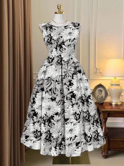 DreamSkyne Vestido midi plisado elegante con estampado para mujer de talla grande, sin mangas, adecuado para uso diario en verano