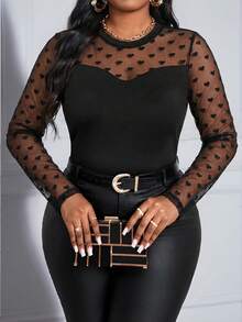 SHEIN Lady Plus Size Women Heart Mesh Patchwork Round Neck Long Sleeve Elegant T-Shirt Spring - Black - View 3