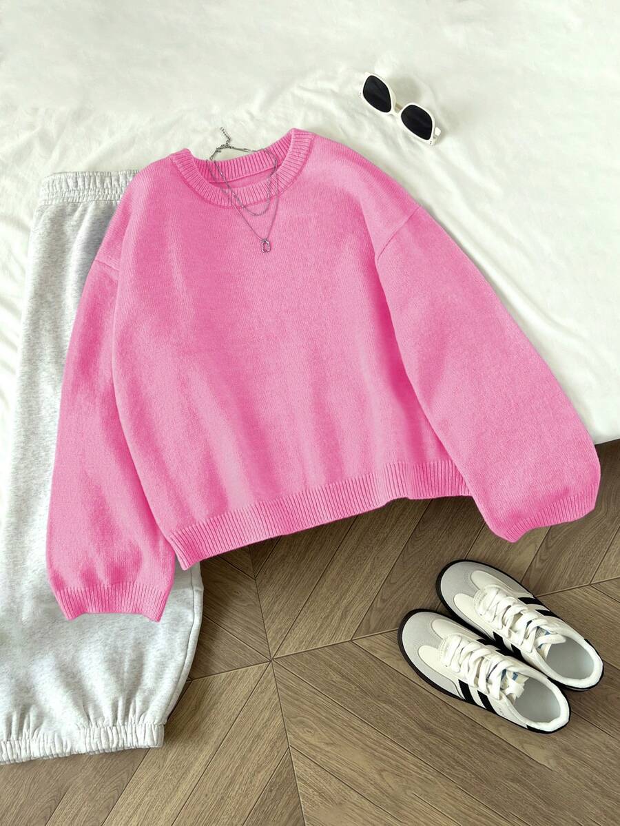 SHEIN Unity Women's Solid Crew Neck Long Sleeve Minimalist Casual Pullover Sweater,Long Sleeve Tops Knit Pullover Fall Winter Outfit - Pink - View 1