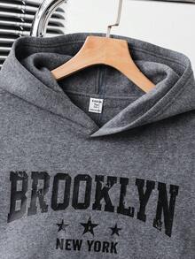 SHEIN 2pcs/Set Casual Korean Style Letter Print Hooded Short Sleeve Sweatshirt And Solid Color Shorts Set For Teen Boys