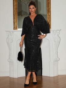 DAZY 黑色迷你连衣裙，闪亮亮片蝙蝠袖深V领露背系带正式礼服，优雅修身美人鱼长裙，适合新年、圣诞节、婚礼、派对、时尚活动嘉年华 - 黑色 - 查看 10