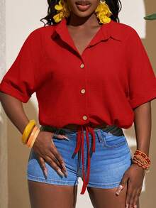 Slaydiva Áo sơ mi tay ngắn màu cam vải kết cấu mới cho mùa xuân/hè - Đỏ - Xem 6