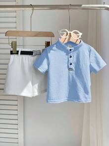 SHEIN 2pcs/Set Baby Boy Comfortable Casual Versatile Daily Fashion Minimalist Style Red Collar Short Sleeve T-Shirt POLO Knit Top And White Shorts Pants With Belt Multi-Piece Suit Uniform Formal Wear, Suitable For Indoor, Outdoor, Daily, Sports, Play, Party, Photo Shoot, Holiday, Festival, Wedding, Baby Shower, Christening And 1st Birthday Celebration, Spring/Summer - Blue - View 5