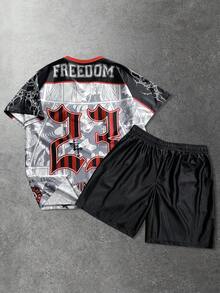 ROMWE MEN Men's Casual Street American Comic Girl Print T-Shirt And Drawstring Waist Shorts Set - Grey - View 2