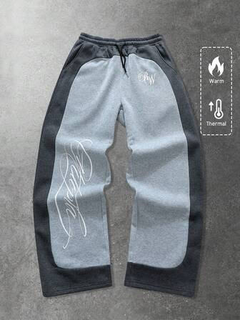 Men's Casual Straight-Leg Sweatpants, American Style Patchwork, Suitable For Everyday Street Wear, Autumn/Winter