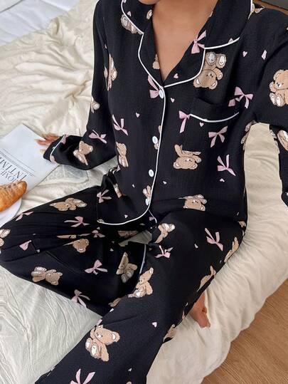 Dream Adore Bubble Wrinkle Bear Bow Print Lapel Long Sleeve Pajama Set